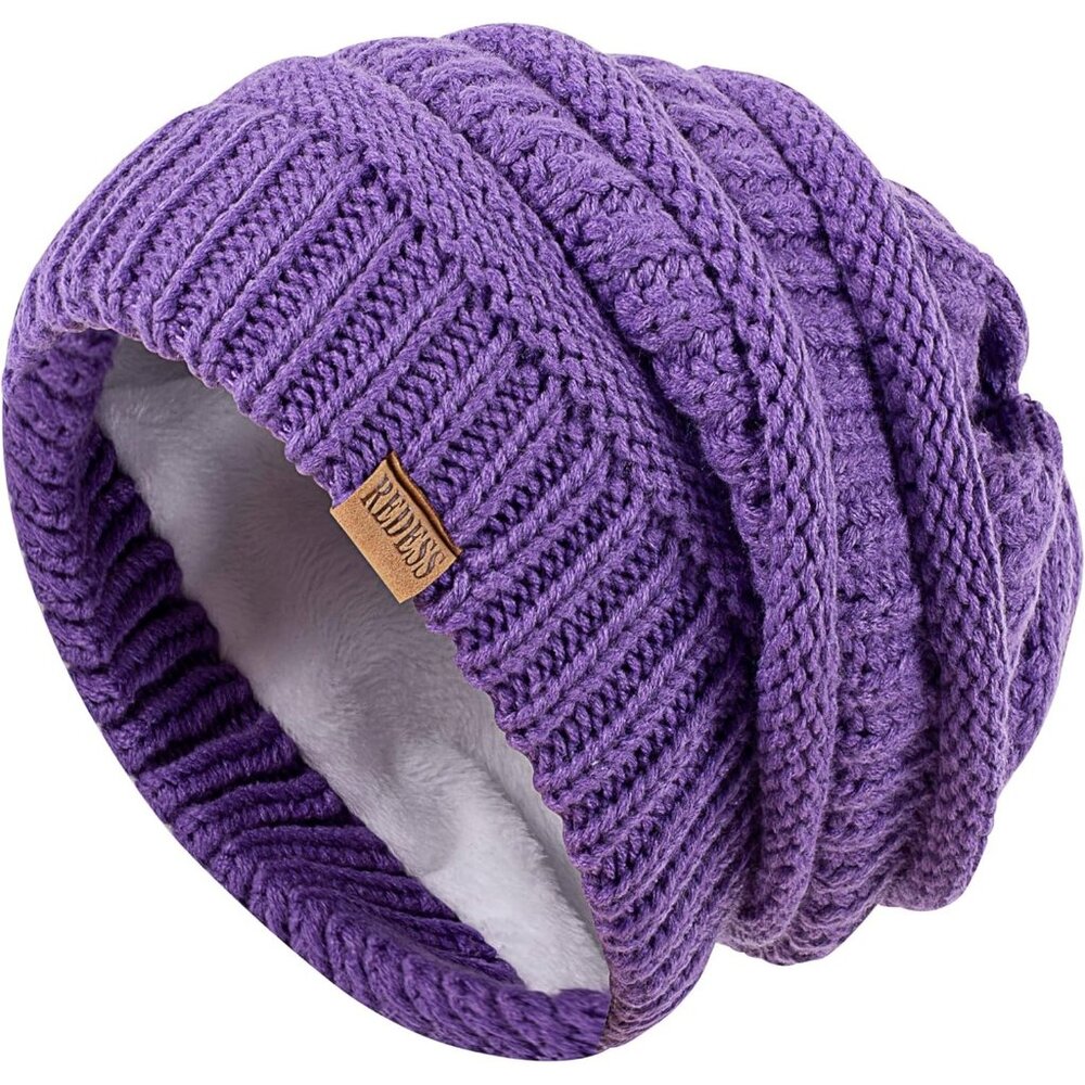 Women's Slouchy Light Purple Beanie Winter Warm Chunky Skull Cable Knit Hat Cap - Picture 3 of 4